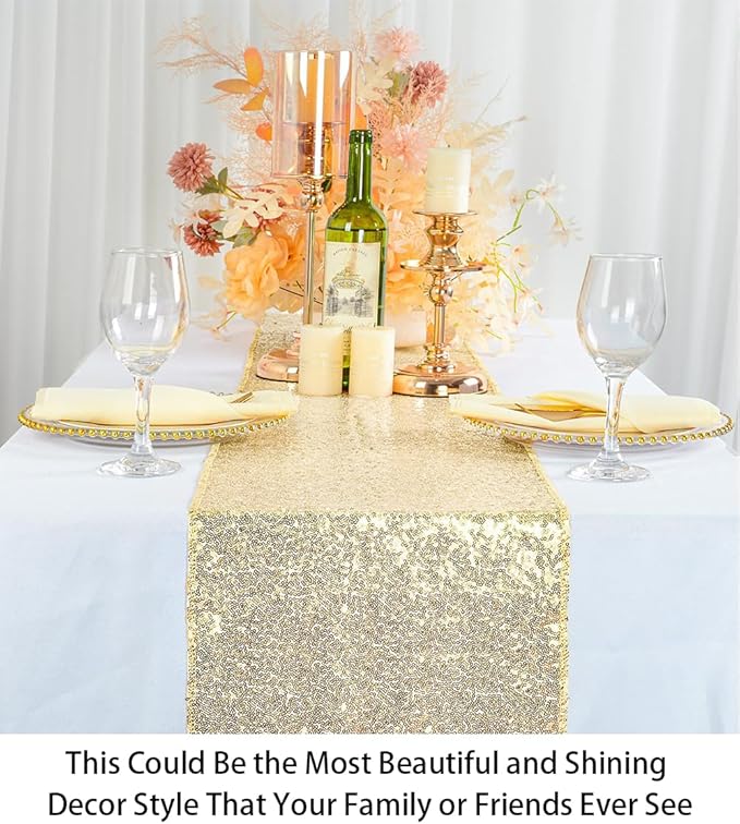 ShinyBeauty Light Gold Table Runners - 5 PCS Sequin Table Runner, 12 x 108 Inch for Wedding, Graduation, Party Supplies, Baby Shower