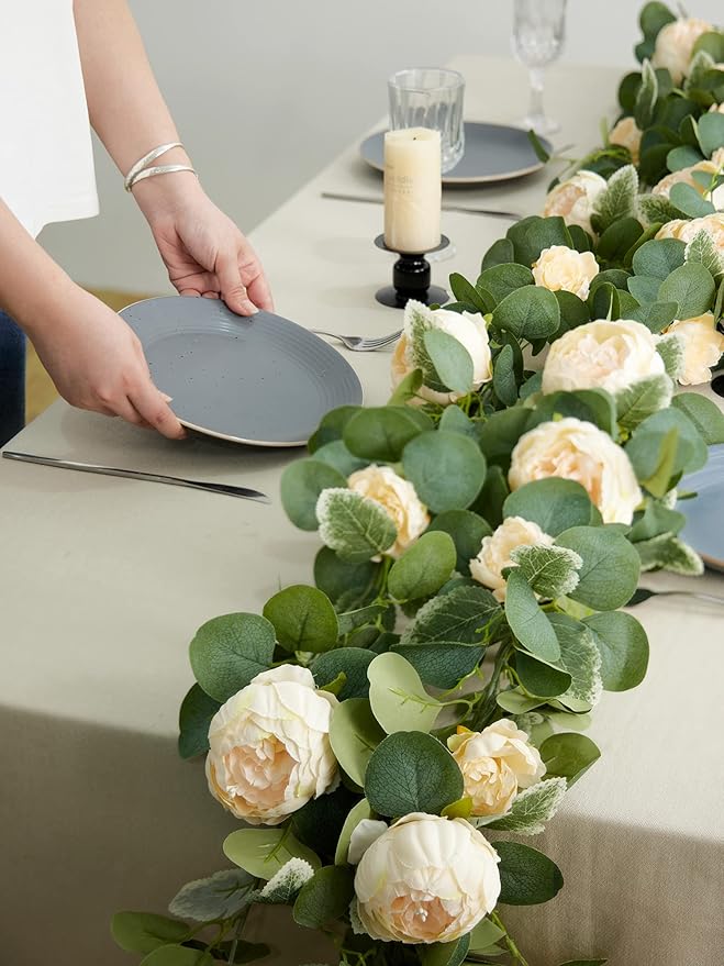 MISSPIN 2pcs Artificial Flowers Garland Spring Eucalyptus Garland Vintage Fake Flower Peony Rose Vine Greenery Decorative Wall Hanging Plant for Wedding Arch Door Arrangement Party Decor
