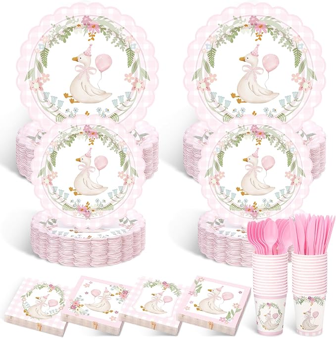 Zhehao 350 Pcs One Silly Goose Birthday Party Tableware Set Scalloped Pink Gingham Baby Shower Plates Cup Napkins Forks for Birthday Party Decorations Supplies for 50 Guests