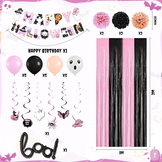 Pink Halloween Party Decorations Set,Include HAPPY HALLOWEEN Banner,Foil Balloons,Cute Hanging Swirl,Fringe Curtain,Paper Pompoms Indoor Outdoor Halloween Party Supplies