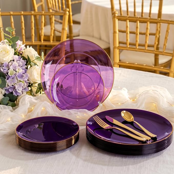 YOUBET 125PCS Purple Plastic Plates - Purple Disposable Plates With Gold Rim - Include 50 Dinner & Dessert Plate, 75 Gold Cutlery Perfect for Wedding Parties & Party