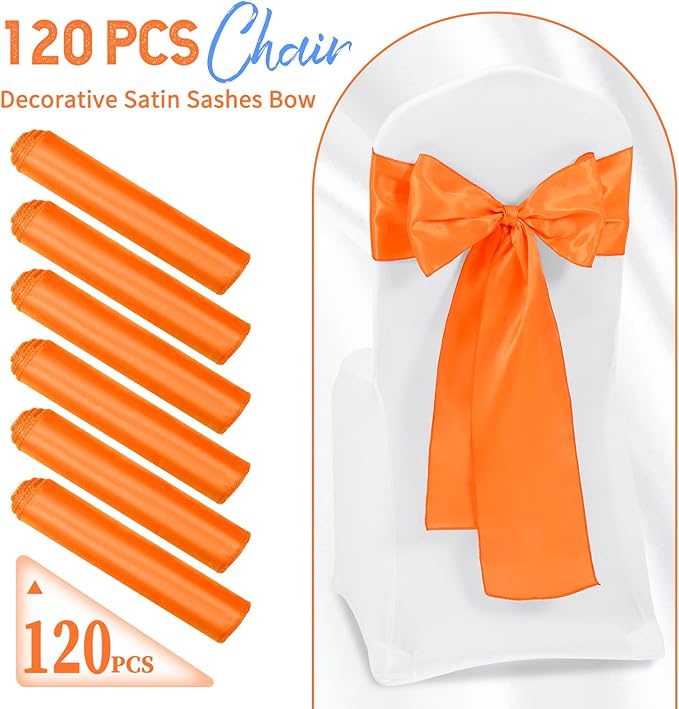 120 PCS Orange Satin Chair Sashes, Ties Bows Designed Chairs Decorative, Chair Cover Sashes for Thanksgiving Wedding Christmas Banquet Party Home Kitchen Decoration (7 x 108 inch)
