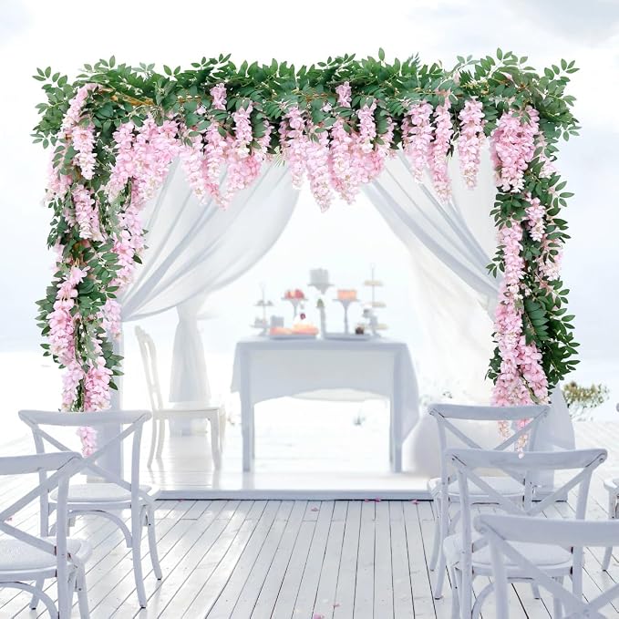 1pc/2pcs Encrypted Flower Vine Wisteria Artificial Flowers Garland,White Wisteria Hanging Flowers Flower Garland Decorations for Home Garden Outdoor Ceremony Wedding Arch Decoration (Pink, 1pc)