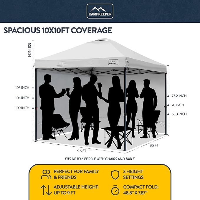 KAMPKEEPER 10x10 Pop-Up Canopy Tent, Waterproof, Portable Shade with Side Walls, Adjustable Instant Outdoor Shelter for Camping, Backyard, and Events, White