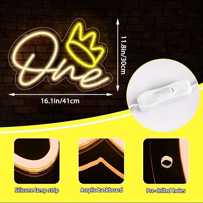 One Neon Sign for Wall Decor One Neon Light for First Birthday 1st Birthday LED Sign One Led Light for Birthday Party Wedding Decoration Baby Shower Decor Size 16.1 * 11.8 inch(D257)