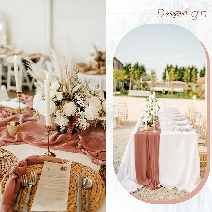 10 Pack Cheesecloth Table Runner - Dusty Blush Gauze - 10FT Long Semi-Sheer - Boho or Rustic Wedding Table Decor for Arch Draping & Holidays