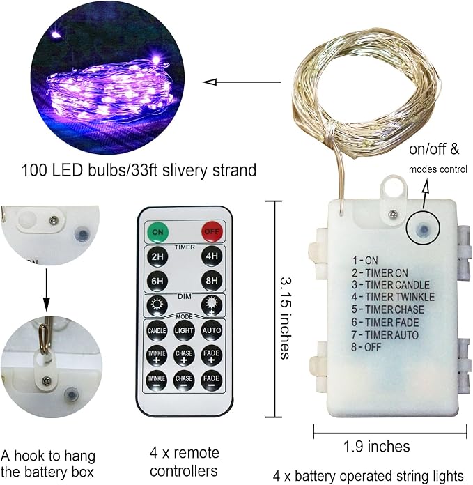 Fairy Lights Battery Operated 100 LED 33 ft Twinkle Starry Firefly LED String Lights with Timer 8 Modes Remote Waterproof for Christmas Party Bedroom Wedding 4 Pack (Purple)