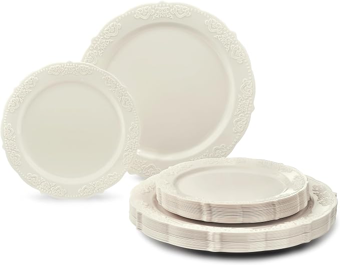 OCCASIONS 240 Pack (120 Guests) Fancy Vintage Disposable Plastic Plates Set, Heavy Duty Wedding Party Dinnerware, 120x10.25" Dinner, 120x7.5" Salad/Dessert, BPA Free, China-Like Look (Portofino Ivory)