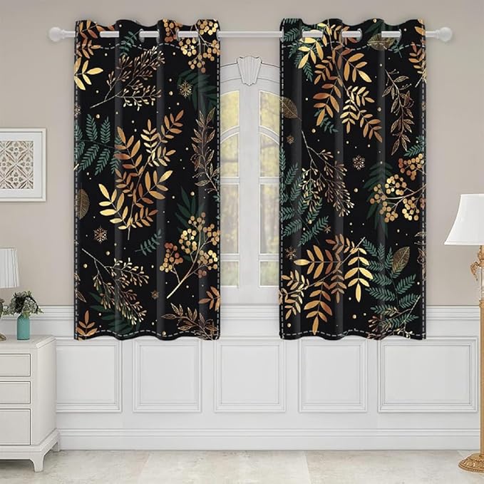 Gold Green Tropical Leaves Window Curtains Jungle Plants Gold Palm Leaves Blackout Curtains for Bedroom Living Room Home Decor Palm Leaves Botanical Decorative Drapes,42x84 inch,2 Panels
