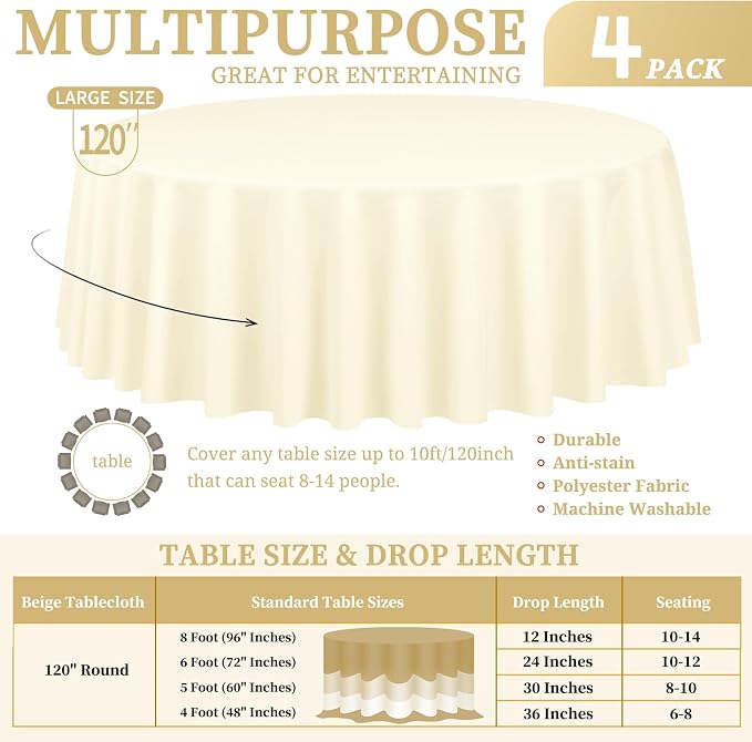 Showgeous 4 Pack Beige Round Tablecloth - 120 Inch Polyester Table Cloth - Washable Decorative Fabric Table Covers for Wedding, Dining, Party, Banquet, Buffet