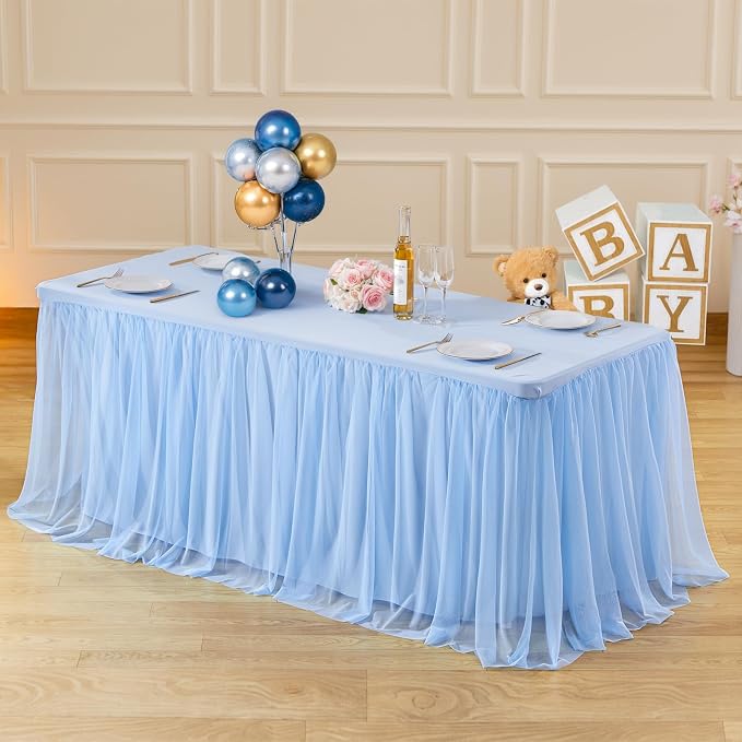 Suppromo Baby Blue Tulle Tablecloth for 4 Foot Rectangular Tables, 48 x 24 Inch White Rectangle Table Cloth, Wrinkle Free Table Cover with Tutu Skirt for Wedding Birthday Party Banquet Tablecover