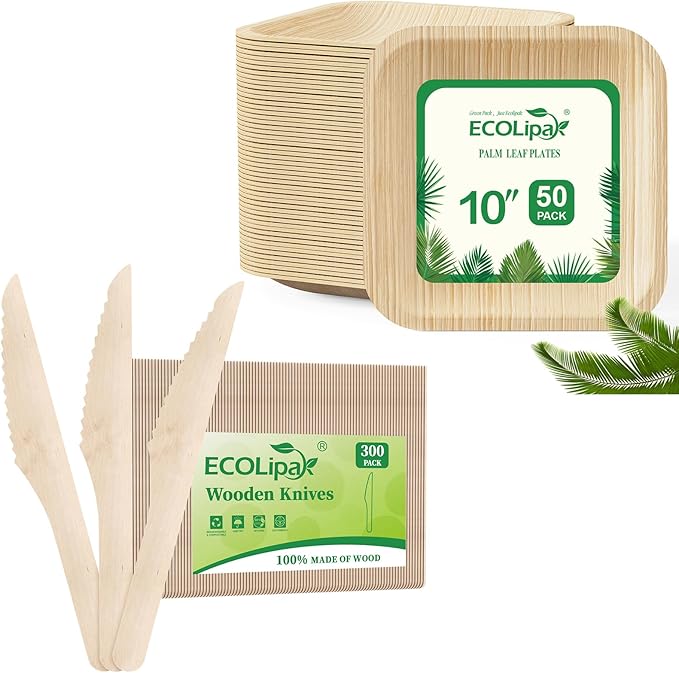 ECOLipak 10 Inch Compostable Palm Leaf Plate Like Bamboo Plate and 300 Count Disposable Wooden Knives