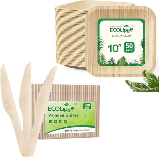 ECOLipak 10 Inch Compostable Palm Leaf Plate Like Bamboo Plate and 300 Count Disposable Wooden Knives