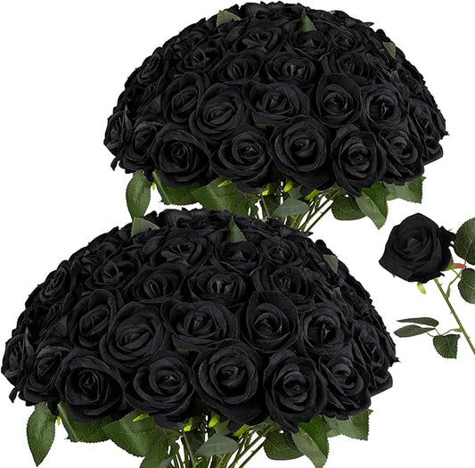 AmyHomie 48 PCS Black Roses Velvet Realistic Artificial Flowers with Bendable Stems for Wedding Bouquets Baby Shower Party Home Decor Fake Flowers Gifts for Valentines, Mothers Day, Womens Day