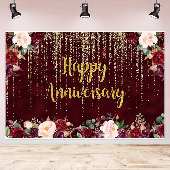 5x3ft Happy Anniversary Backdrop, Gold Glitter Burgundy Wedding Anniversary Photography Background 1st 40th 50th 60th Couple Wedding Women Birthday Floral Party Decorations Cake Table Decor
