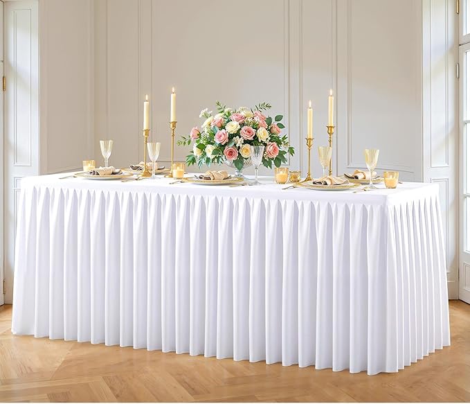 White Polyester Table Cloths for Rectangle 6 Foot Tables, 1 Pack Wrinkle Free Tablecloths Stretchy Banquet Ruffle Fitted Table Cover Desk Skirt for Parties Wedding Birthday Baby Shower