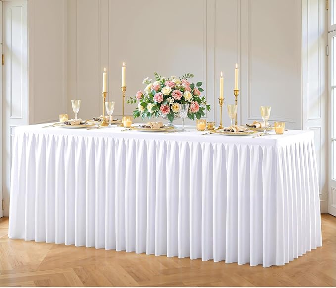 White Polyester Table Cloths for Rectangle 8 Foot Tables, 1 Pack Wrinkle Free Tablecloths Stretchy Banquet Ruffle Fitted Table Cover Desk Skirt for Parties Wedding Birthday Baby Shower