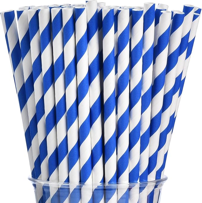 ALINK 100 Royal Blue and White Striped Paper Straws, Biodegradable Disposable Drinking Straws for Christmas, Brithday, New Year, Party Decoration Supplies