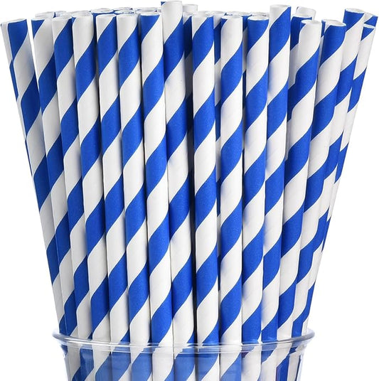 ALINK 100 Royal Blue and White Striped Paper Straws, Biodegradable Disposable Drinking Straws for Christmas, Brithday, New Year, Party Decoration Supplies