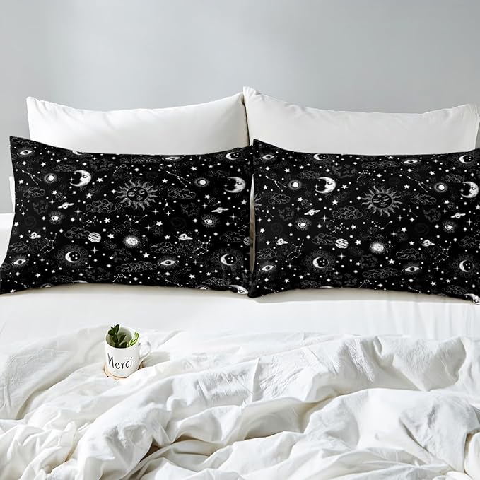 Castle Fairy Sun and Moon Bed Sheet Set Twin Size,Starry Galaxy Boho Hippie Constellation,Bedding Decor Set with 1 Flat & 1 Fitted Sheet with 1 Pillow Sham