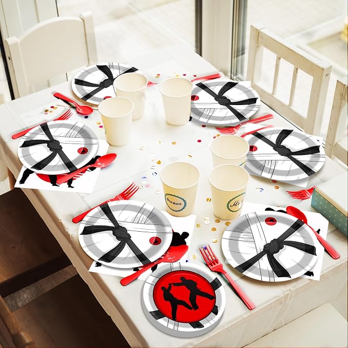 50 Guests Karate Party Supplies Karate Plates and Napkins Forks Disposable Tableware Set Paper Plates for Karates Theme Party 200PCS
