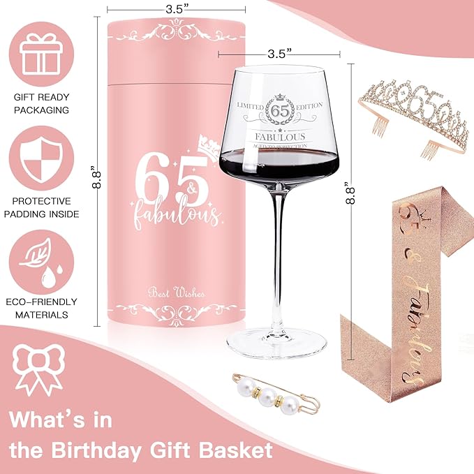 65TH Birthday Gifts for Women,Vintage Engraved 65th Wine Glass,65 Year Old Birthday Decorations For Her,65&Fabulous Sash and Tiara For Women,Friends,Sister-Turning 65th Party Favor Supplies