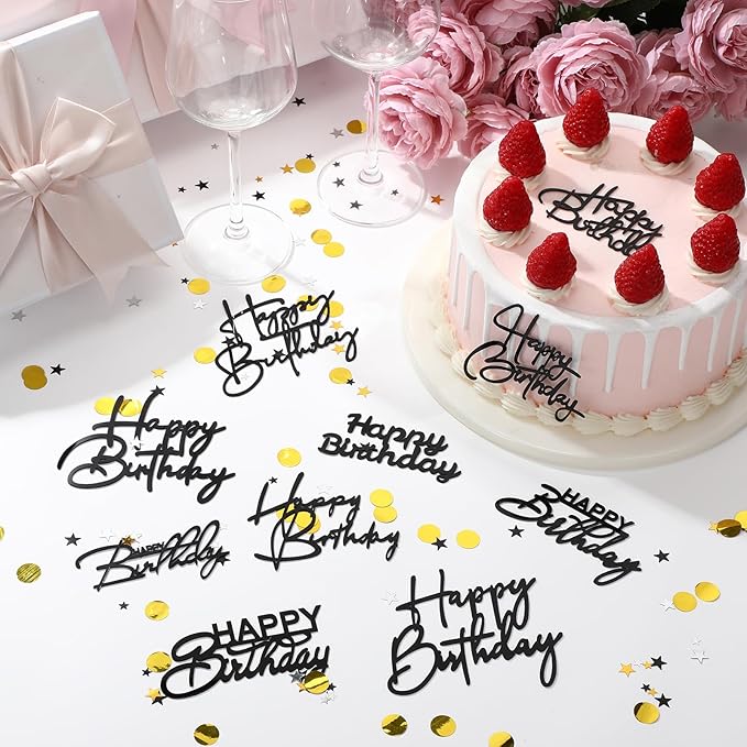 Barydat 50 Pcs Happy Birthday Cake Toppers Bulk Mirror Acrylic Cupcake Topper Cupcake Decorations Happy Birthday Sign for Cake Side Inserts Decor Party Supplies 10 Style(Black)