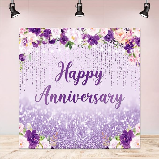 8x8ft Happy Anniversary Backdrop, Floral Glitter Backdrop for Women Wedding Anniversary Decoration Violet and Pink Flowers Photography Background Cake Table Banner Party Decor