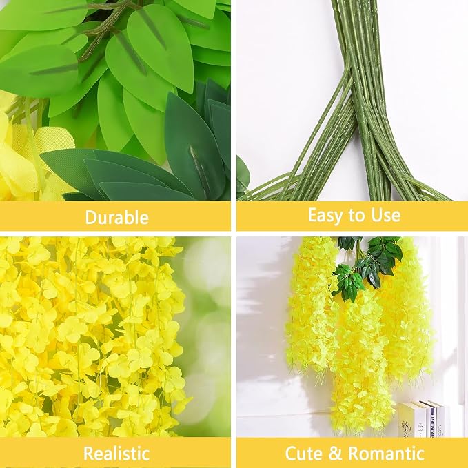BLEUM CADE 36Pcs Yellow Fake Wisteria Hanging Flowers, 3.6Ft/Pcs Artificial Wisteria Garland, Hanging Flowers for Wedding Party Home Backdrop Wall Decoration