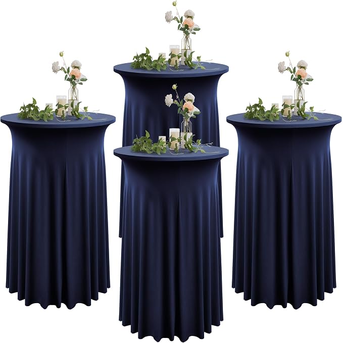 4 Pack Navy Blue Round High Top Cocktail Table Cloth 36inch×43inch Wrinkle Free Stretch Spandex Cocktail Tablecloths Table Covers for Cocktail Party Wedding Banquet Birthday Graduation