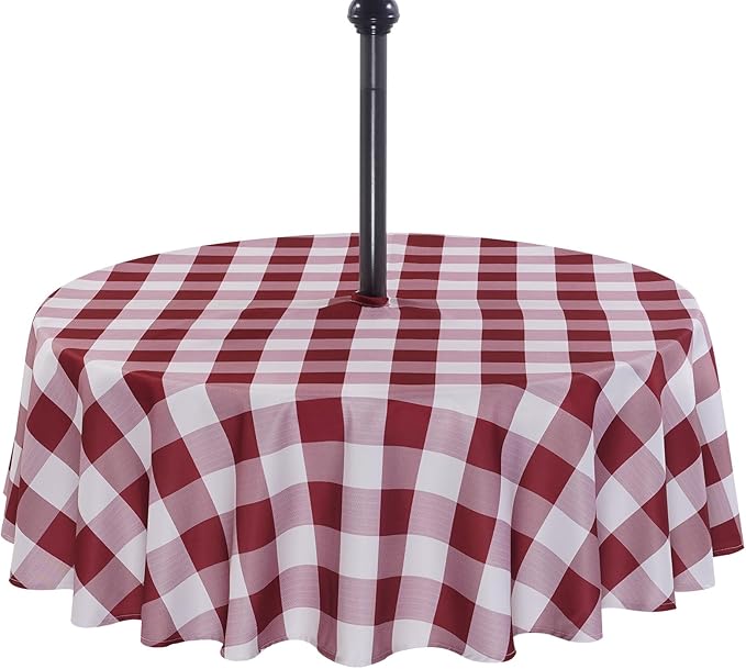 Poise3EHome Round Outdoor Tablecloth with Umbrella Hole and Zipper,Burgundy Gingham 60 Inch,SpillProof Washable Table Cloth for Spring Summer Patio Garden Poolside Picnic Camping BBQS
