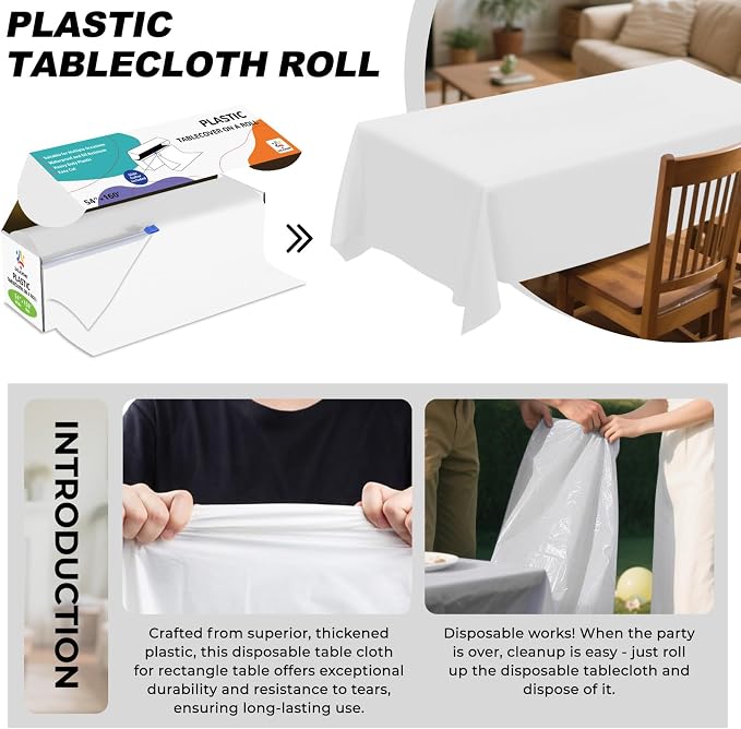 54IN X 160FT Plastic Table Cover Roll with Cutter Box, Cut to Size Plastic Table Cloths for Parties, Birthday, Disposable Tablecloth Roll for All Shape Tables (White, 54 Inch X 160 Feet)