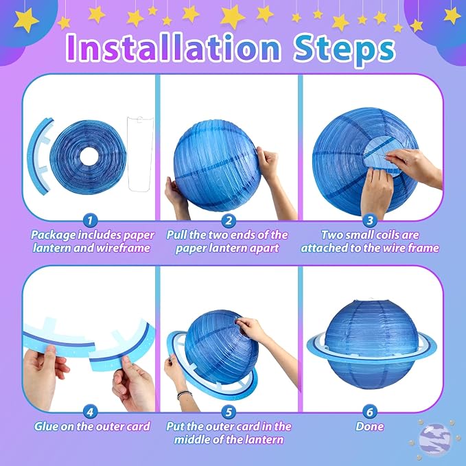 8 PCS Planet Paper Lanterns, 12 Inch Outer Space Party Decorations, Solar System Hanging Planets Lantern for Kids Space Theme Party Birthday Room Decorations