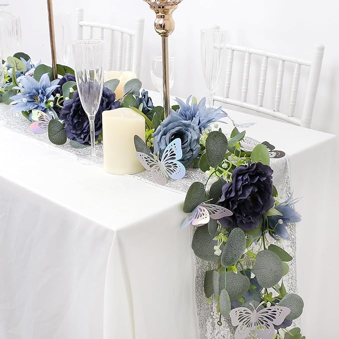 Eucalyptus Garland with Flowers - 4 Pack 5.9 FT Fake Flower Garland with Butterflies Faux Rose Greenery Garlands for Wedding Table Backdrop Arch Centerpieces Decorations - Navy Blue