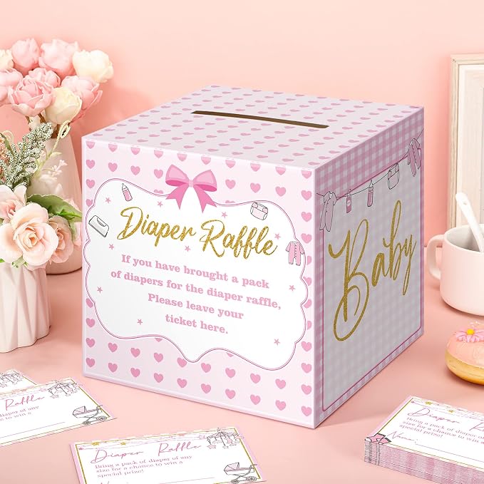 Teling 51 Pieces Diaper Raffle Tickets with Card Box Baby Shower Decorations Baby Shower Holder Box for Girl Boy Diaper Raffle Party(Pink Heart)