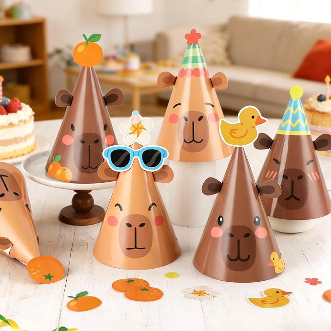 24Pcs Capy Themed Bara Birthday Paper Cone Hats Set Cute Capy Shaped Paper Headwear Party Favors Cute Capy Cone Hats Decorations Cartoon Animal Party Supplies Photo Props for Birthday Baby Shower