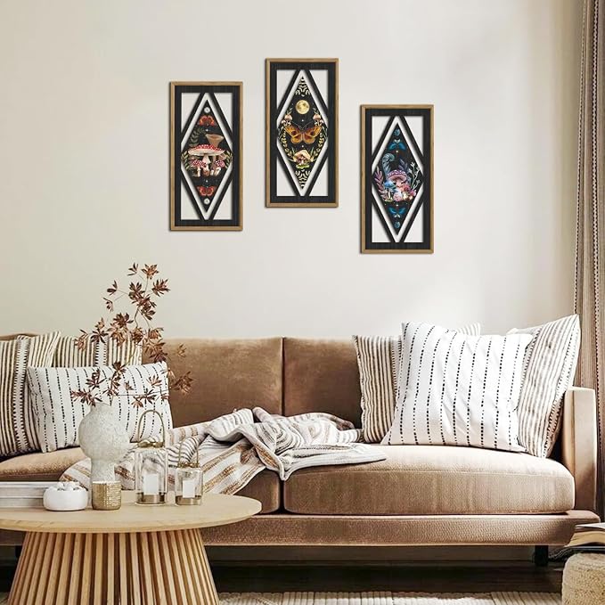 IARTTOP Framed Mushroom Butterfly Gothic Wall Art Set of 3 8"x16" Vintage Dark Academia Cottagecore Wood Wall Decor Witchy Moon Wild Botanical Boho Home Decor for Bedroom Farmhouse Living Room