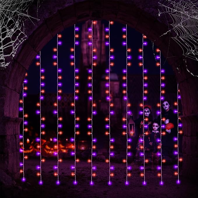 echosari Halloween Curtain Lights Battery Operated, 300 LED Purple Orange Fairy Curtain Lights 9.8Ft x 9.8Ft Hanging Lights with Remote Timer for Party Garden Yard Decor
