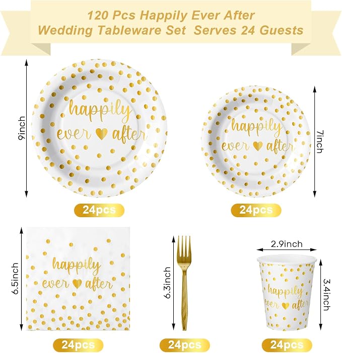 MotiMind 120 Pcs Happily Ever After Tableware Set Wedding Reception Party Table Decorations White and Gold Dot Paper Plates Cups Napkins Forks for 24 Guests Wedding Bridal Shower Engagement Party