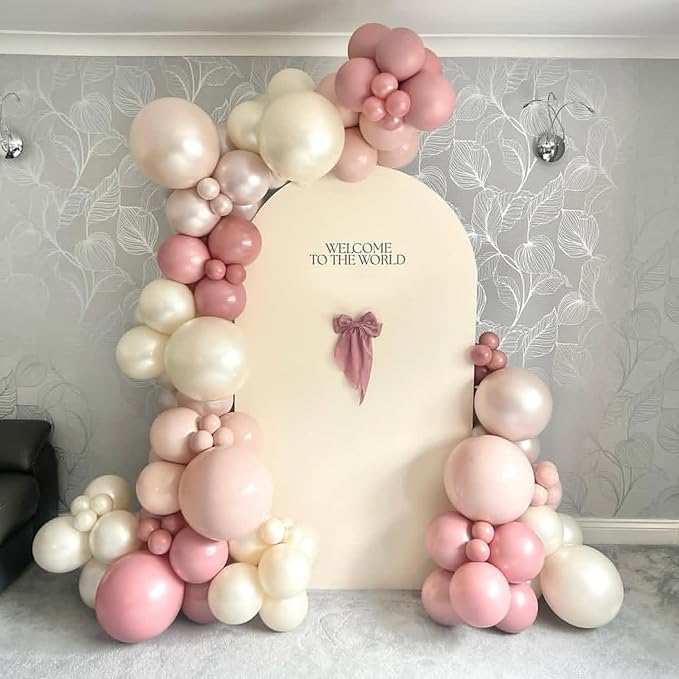 Pearl Dusty Pink Balloon Arch, Boho Double Stuffed Blush Pink Pearl White Balloons, Neutral Dusty Rose Ivory Clear Balloon Garland for Wedding Engagement Baby Bridal Shower Birthday Party Decorations