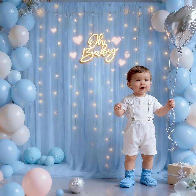 30x10ft Baby Blue Tulle Backdrop Curtain with Lights String for Parites, Sheer Photo Backdrop Curtains with Lights for Wedding Backdrop Ceremony Reception Bridal Shower Baby Shower Birthday Party