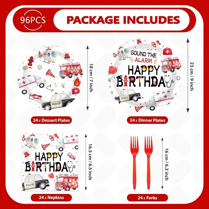 Grencian 96pcs Emergency Vehicle Birthday Party Decorations First Responder Fire Truck Plates and Napkins Ambulance Police Car Tableware for Boys Girls Emergency Vehicle Birthday Party Decorations