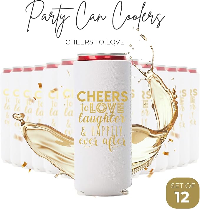 Wedding Can Cooler Decorations Set of 12 - Cheers to Love Laughter and Happily Ever After, Wedding Rehearsal Dinner Decorations - Bridal Showers, Engagement Party Favors for Guests and Supplies