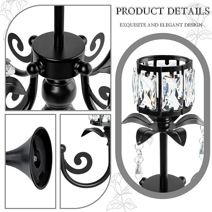 2pcs Black 5 Arm Pendant Square Crystal Table Decor 22 Inch Candle Holder,Classic Elegant Table Centerpiece Atmosphere Candle Holder for Gift Wedding Party Home Decor