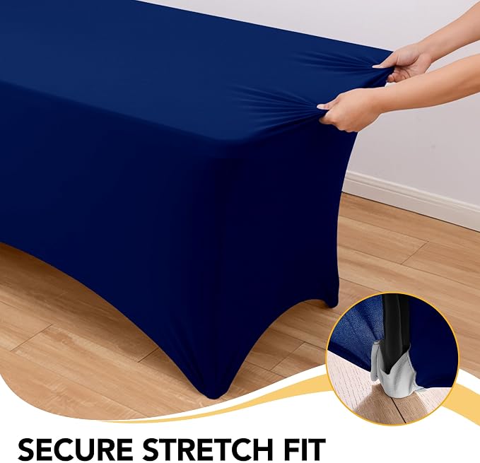 6-Pack Premium Navy Blue Spandex Tablecloths for 8ft Rectangle Tables, Stain & Wrinkle-Resistant, Washable Stretch Polyester Fitted Table Cover for Weddings, Banquets, Trade Shows Events
