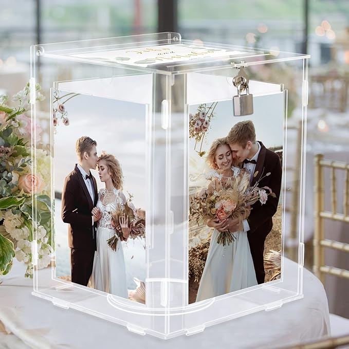 Acrylic Wedding Card Box with Picture Frame, Clear Gift Card Box for Wedding Reception, Large Rotatable Money Envelope Card Box Holder with Lock for Graduation Party Birthday Baby Shower