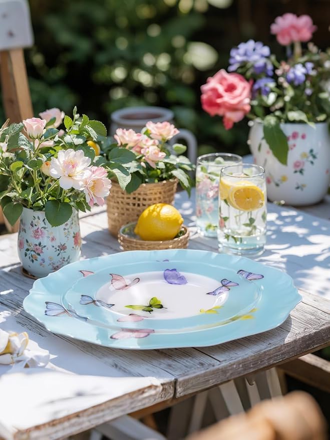 WDF 20PCS Blue Butterfly Plates - Baroque Spring Plates Disposable - Light Blue Butterfly Party Decorations for Birthdays/Tea Party/Bridal Shower (Pack of 2)
