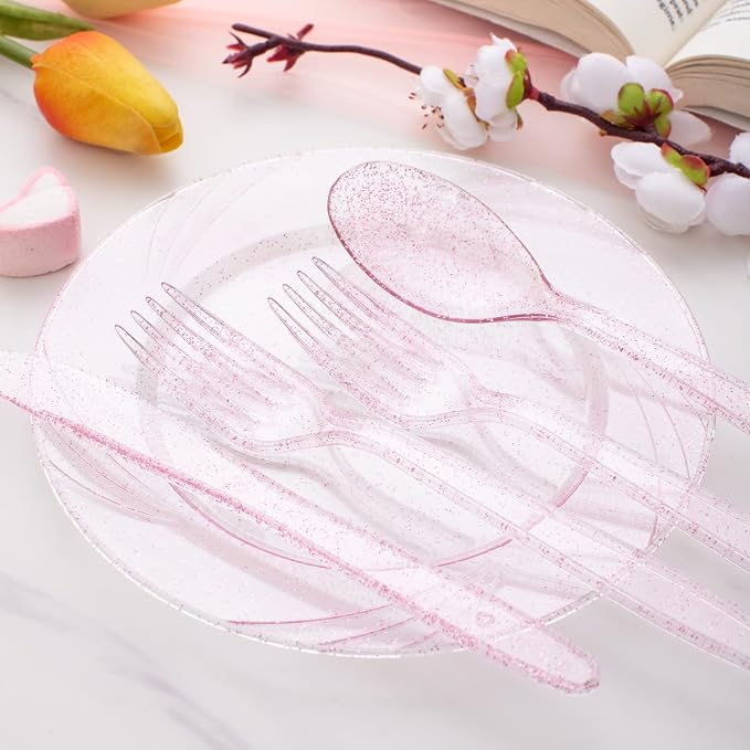 WDF 360 Pink Glitter Plastic Silverware - Disposable Glitter Cutlery - Plastic Silverware inluding 120 Forks, 120 Spoons, 120 Knives for Pink Birthday,Baby Shower
