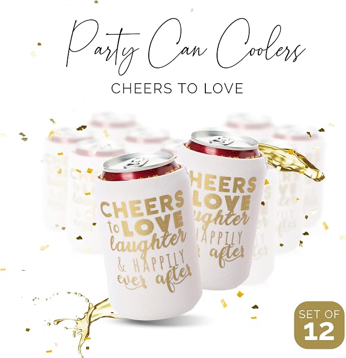 Wedding Can Cooler Decorations Set of 12 - Cheers to Love Laughter and Happily Ever After, Wedding Rehearsal Dinner Decorations - Bridal Showers, Engagement Party Favors for Guests and Supplies