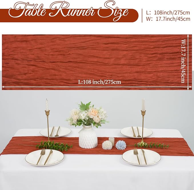 10 Pack Cheesecloth Table Runner 17 x 108 inch Long Boho Gauze Table Runners Semi Sheer Table Runner for Wedding Decor, Baby Shower, Birthday Party, Banquet (Terracotta)